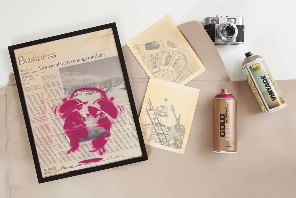 Montana vintage spuitbus op een krant